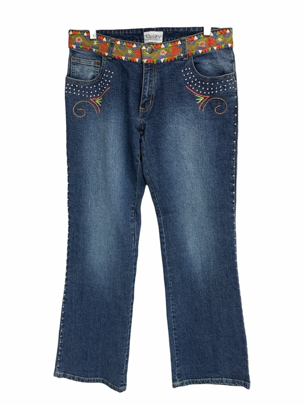 Vanity Blue Flare Jeans Multicolor Floral Embroidered Waist